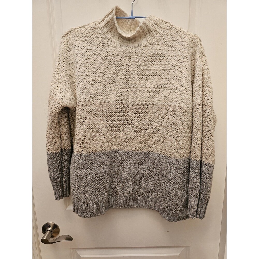 J.Jill Womens Chunky Knit Sweater Size M Colorblock Mock Neck Tan Cream Gray